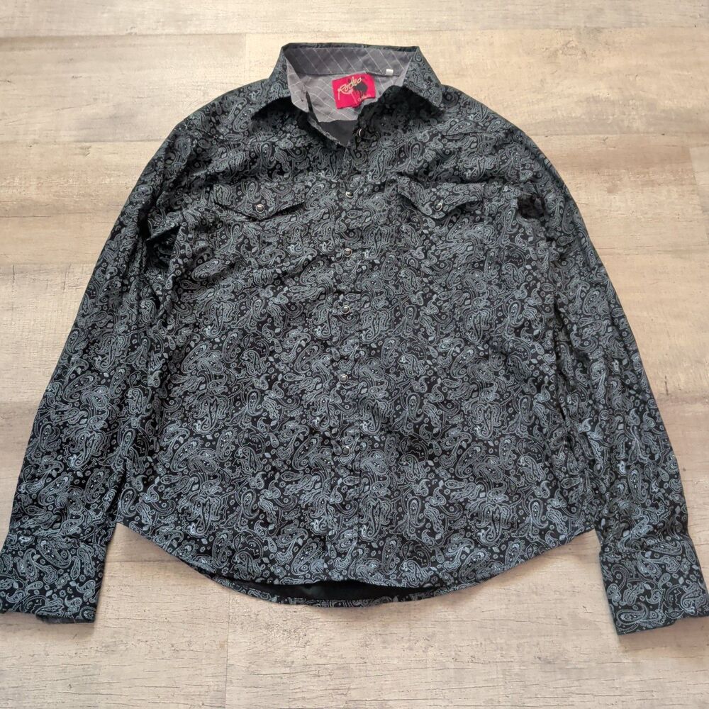 Rodeo Clothing Co Shirt Men’s L Western Cowboy Pearl Snap Paisley Blue